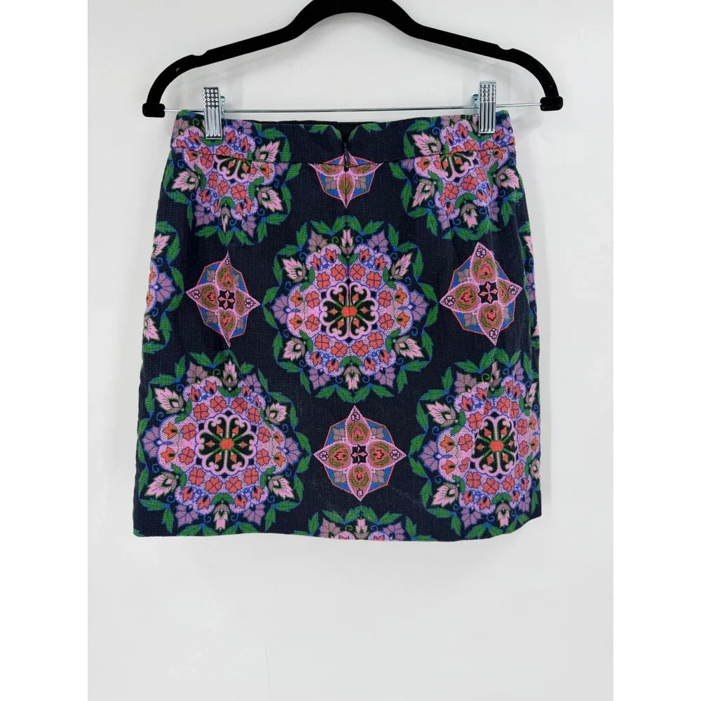 J.Crew‎ Mini Skirt Womens 2 Navy Pink Mandala Floral A0111 Boho Preppy Colorful